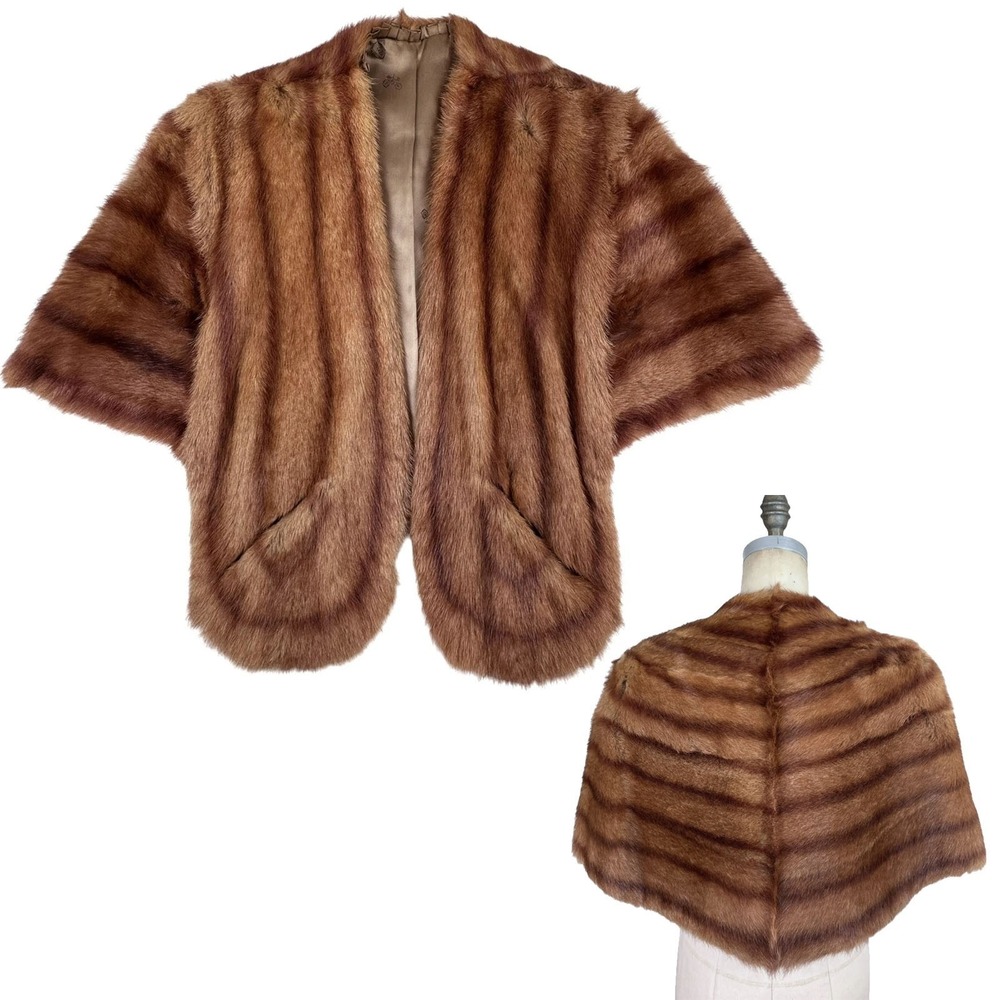 VTG Genuine Brown Fur Stole Capelet Wrap Shawl Satin Lined Pockets Arm Loops